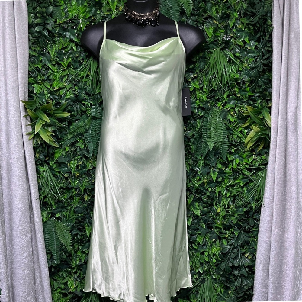 Bebe Dress Large Womens Green Satin Cowl Neck Slip Midi Cocktail 3711 - Picture 2 of 9